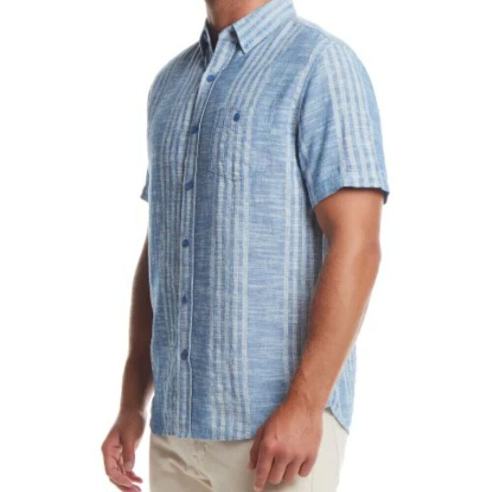WEATHERPROOF VINTAGE Linen Blend Woven Shirt Mens M Blue Stripe Short Sleeve NWT - Picture 6 of 7